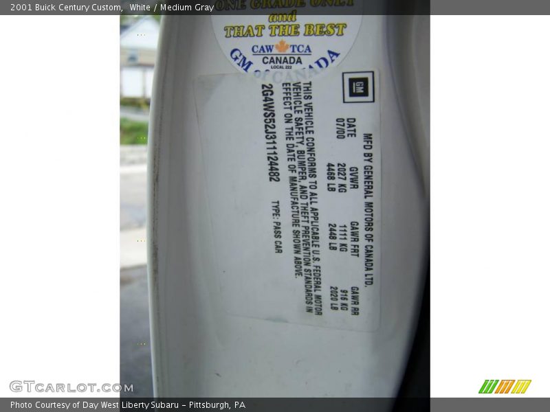 White / Medium Gray 2001 Buick Century Custom