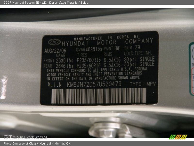 Desert Sage Metallic / Beige 2007 Hyundai Tucson SE 4WD