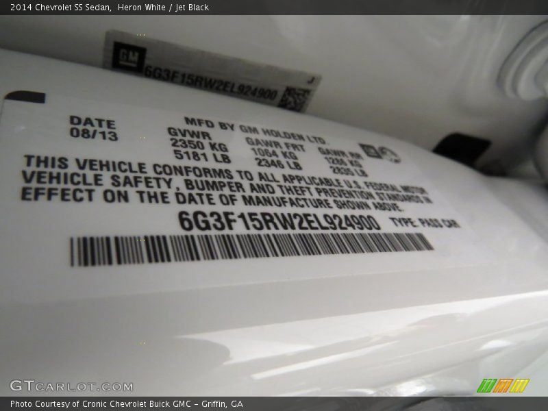 Info Tag of 2014 SS Sedan