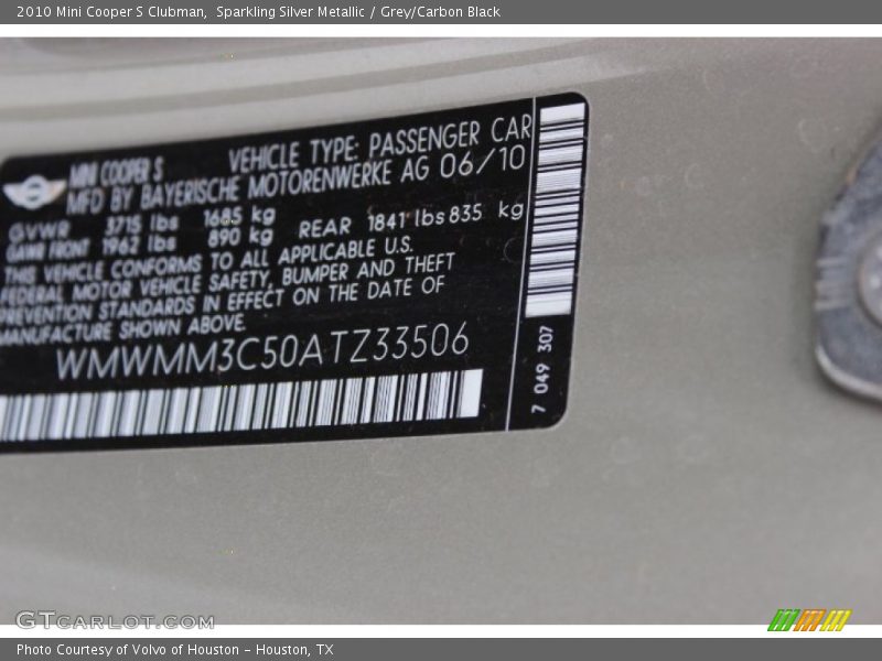 Sparkling Silver Metallic / Grey/Carbon Black 2010 Mini Cooper S Clubman