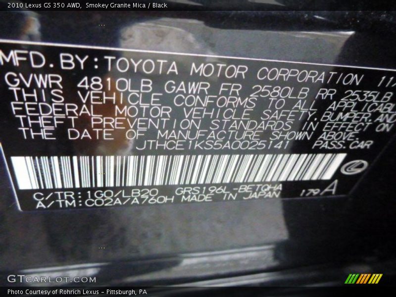 Smokey Granite Mica / Black 2010 Lexus GS 350 AWD