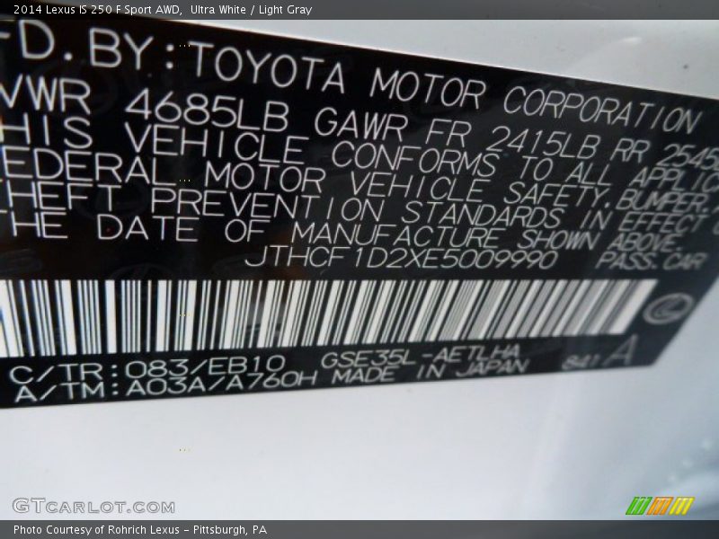 Ultra White / Light Gray 2014 Lexus IS 250 F Sport AWD
