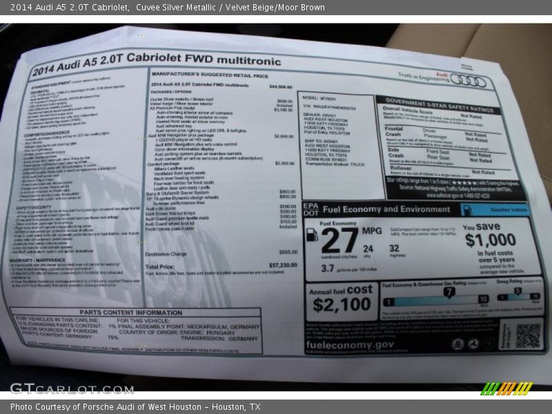  2014 A5 2.0T Cabriolet Window Sticker