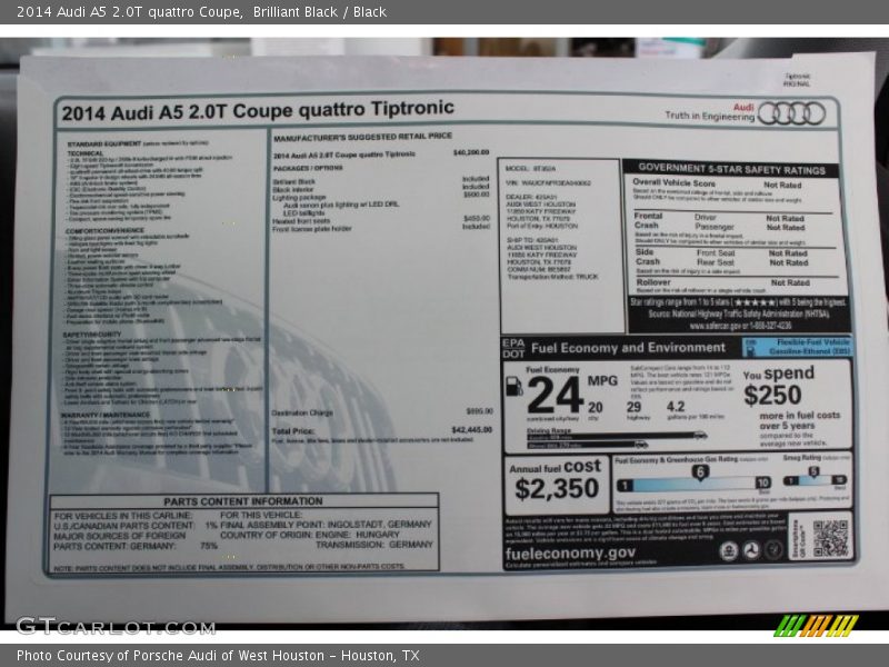  2014 A5 2.0T quattro Coupe Window Sticker