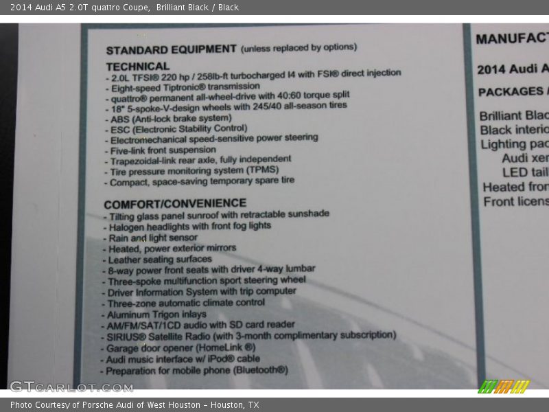  2014 A5 2.0T quattro Coupe Window Sticker