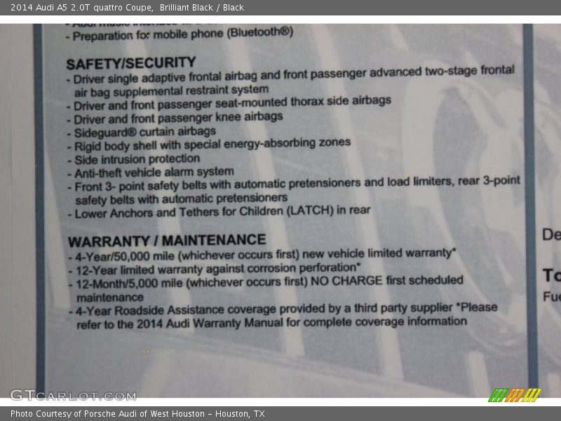  2014 A5 2.0T quattro Coupe Window Sticker