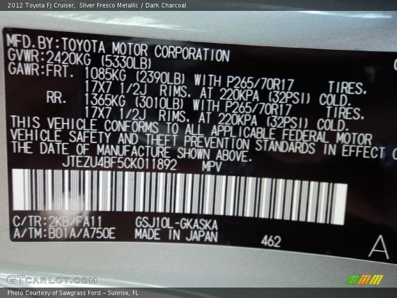 2012 FJ Cruiser  Silver Fresco Metallic Color Code 2KB