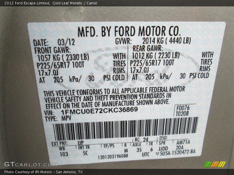 Gold Leaf Metallic / Camel 2012 Ford Escape Limited