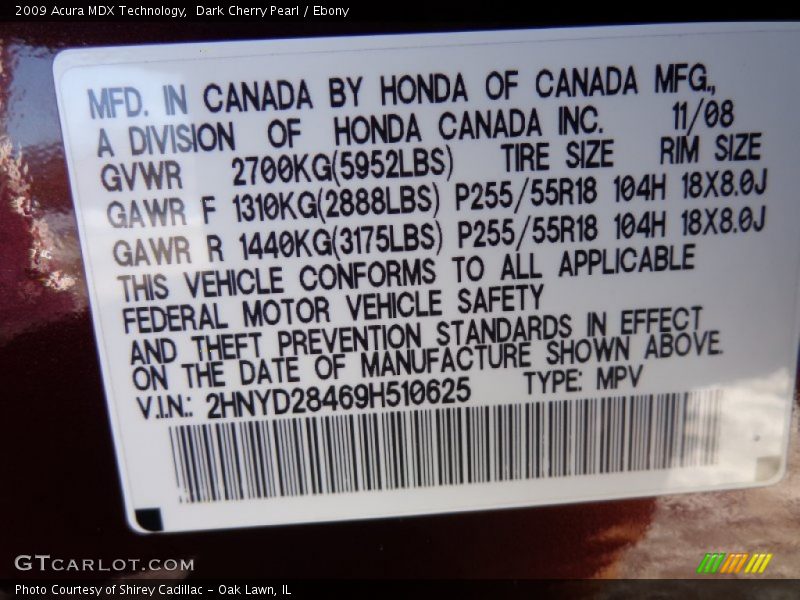 Dark Cherry Pearl / Ebony 2009 Acura MDX Technology