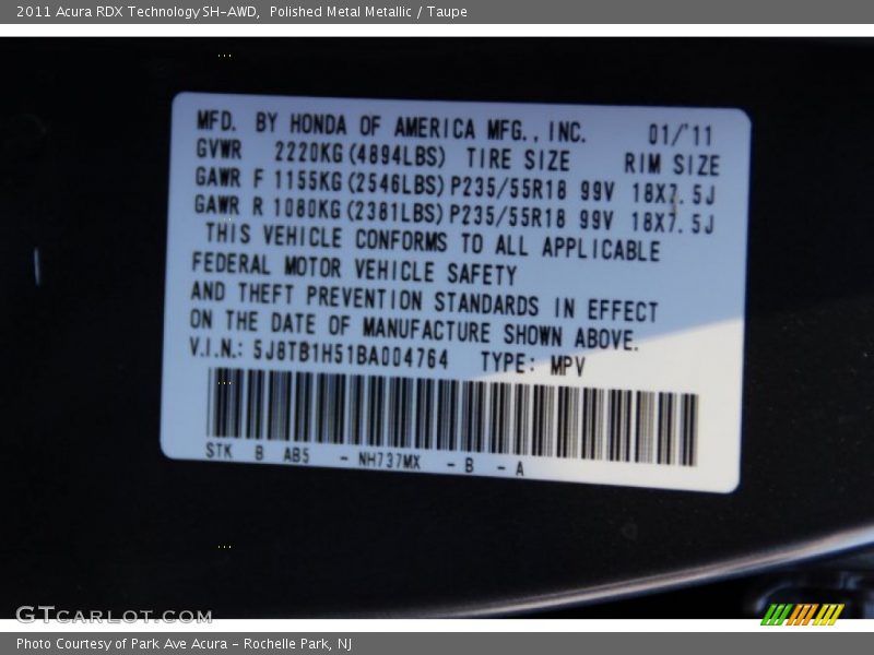 Polished Metal Metallic / Taupe 2011 Acura RDX Technology SH-AWD