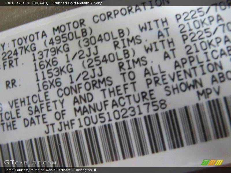 Burnished Gold Metallic / Ivory 2001 Lexus RX 300 AWD