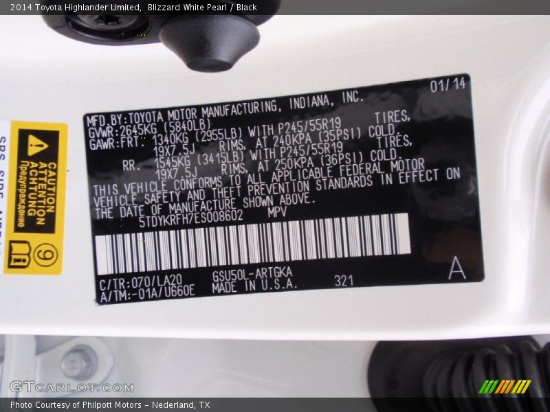 2014 Highlander Limited Blizzard White Pearl Color Code 070
