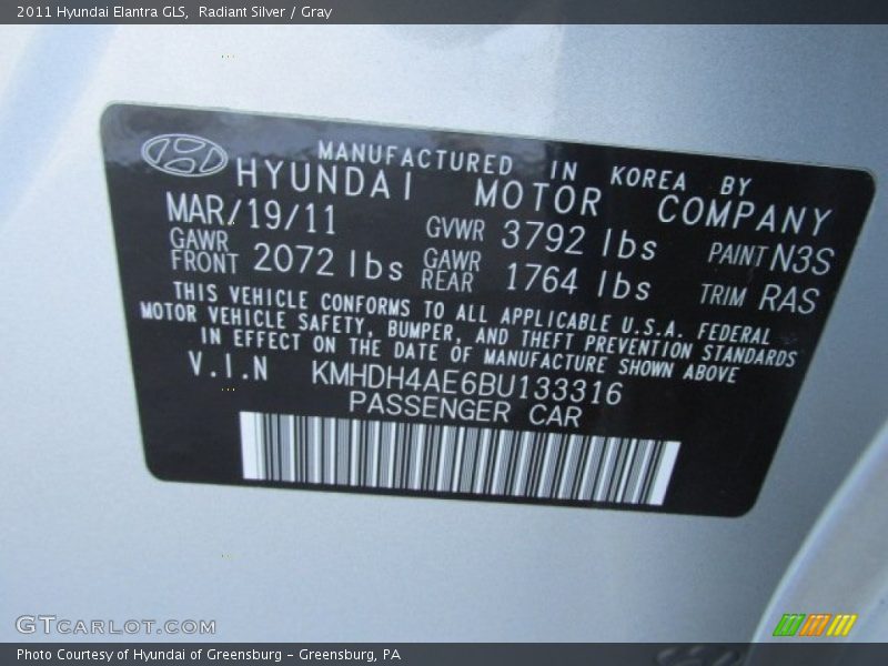 Radiant Silver / Gray 2011 Hyundai Elantra GLS