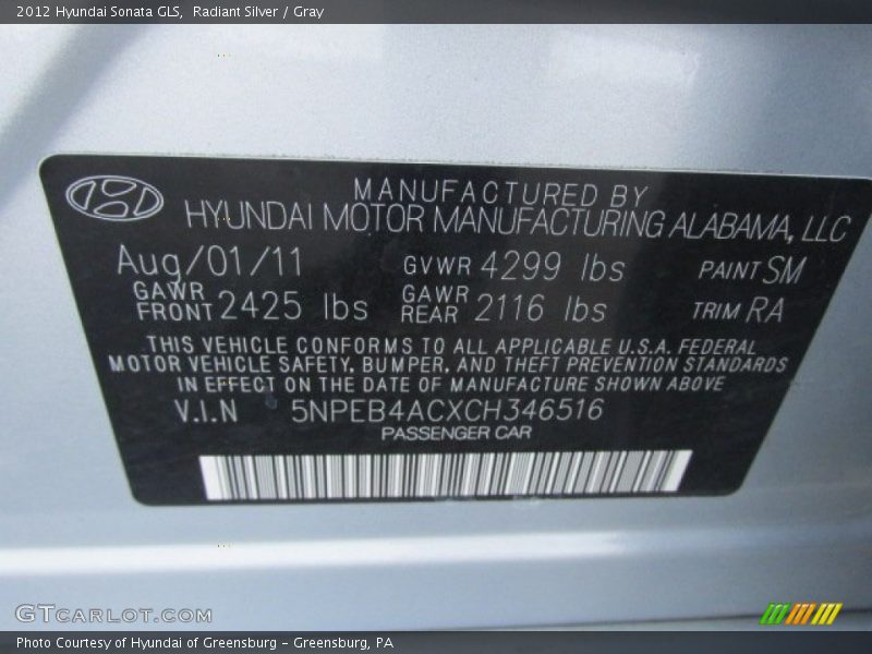 Radiant Silver / Gray 2012 Hyundai Sonata GLS