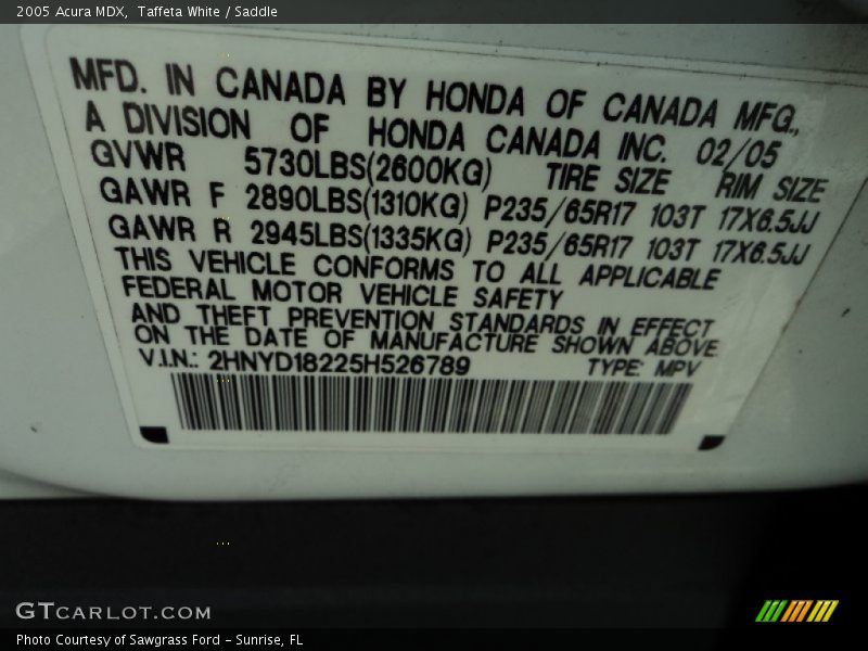 Taffeta White / Saddle 2005 Acura MDX