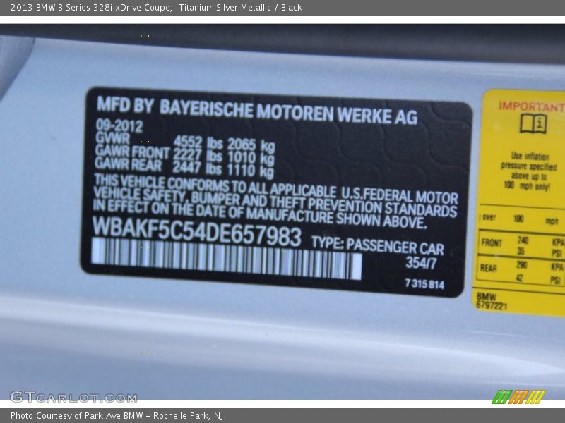 2013 3 Series 328i xDrive Coupe Titanium Silver Metallic Color Code 354