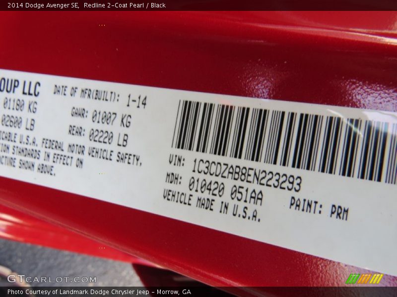 Redline 2-Coat Pearl / Black 2014 Dodge Avenger SE