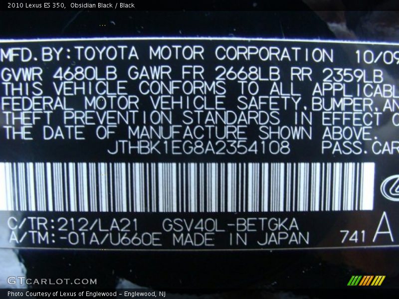 Obsidian Black / Black 2010 Lexus ES 350