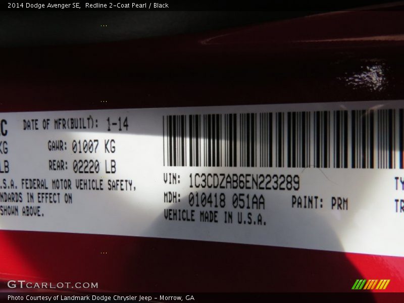 Redline 2-Coat Pearl / Black 2014 Dodge Avenger SE