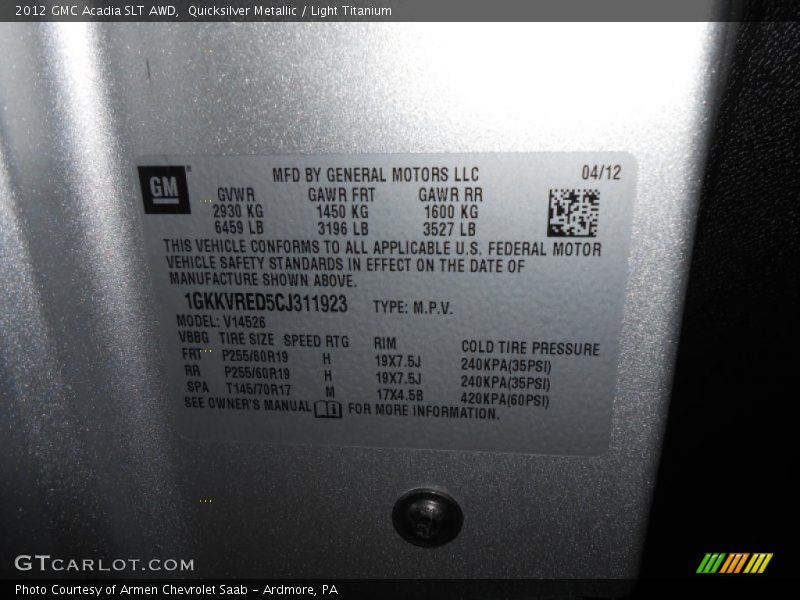 Quicksilver Metallic / Light Titanium 2012 GMC Acadia SLT AWD