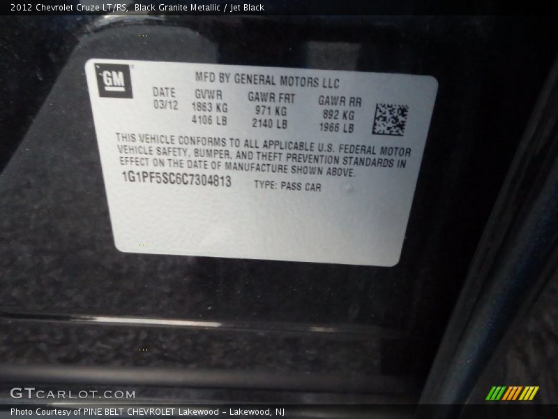 Black Granite Metallic / Jet Black 2012 Chevrolet Cruze LT/RS