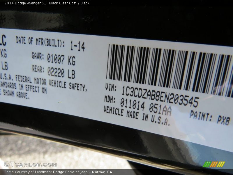 Black Clear Coat / Black 2014 Dodge Avenger SE