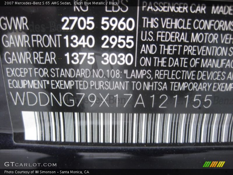Capri Blue Metallic / Black 2007 Mercedes-Benz S 65 AMG Sedan