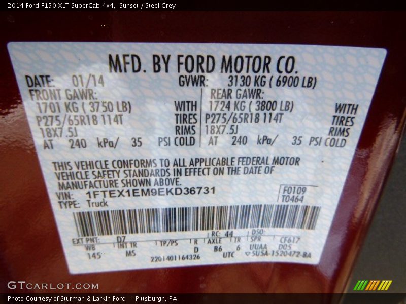 2014 F150 XLT SuperCab 4x4 Sunset Color Code D7