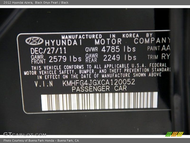 Black Onyx Pearl / Black 2012 Hyundai Azera
