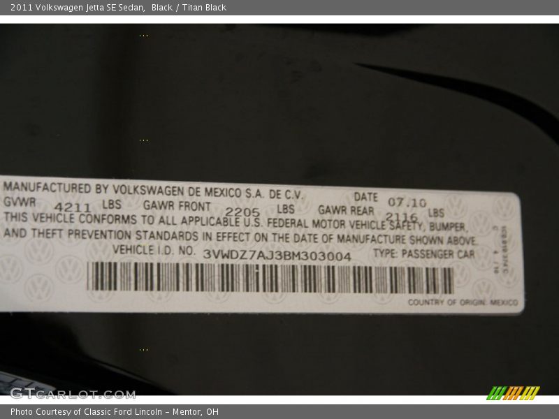 Black / Titan Black 2011 Volkswagen Jetta SE Sedan