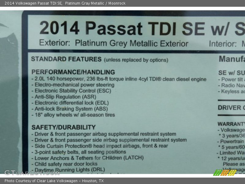 Platinum Gray Metallic / Moonrock 2014 Volkswagen Passat TDI SE