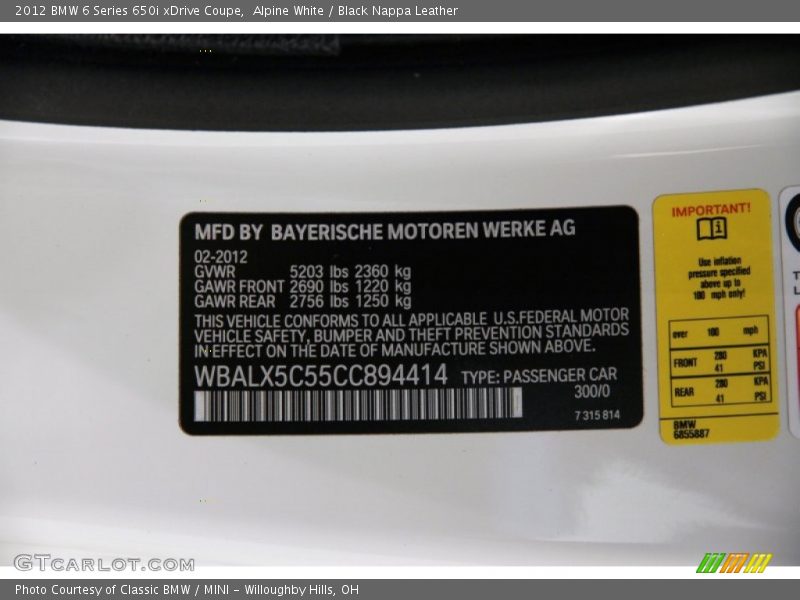 2012 6 Series 650i xDrive Coupe Alpine White Color Code 300