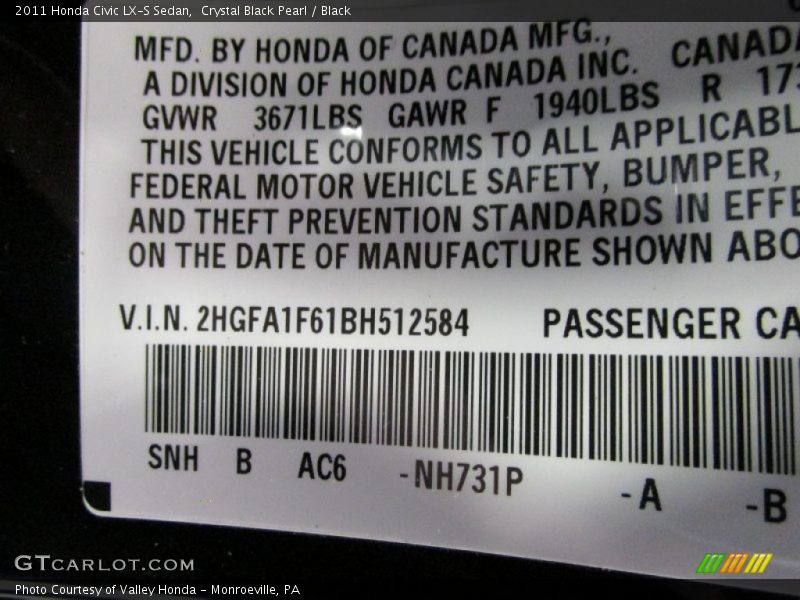 Crystal Black Pearl / Black 2011 Honda Civic LX-S Sedan
