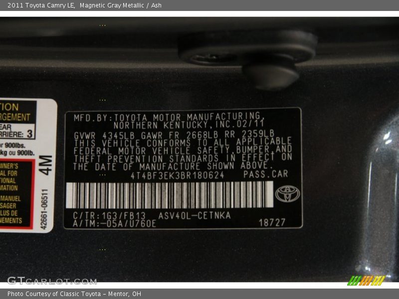 Magnetic Gray Metallic / Ash 2011 Toyota Camry LE