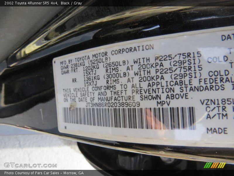 Black / Gray 2002 Toyota 4Runner SR5 4x4