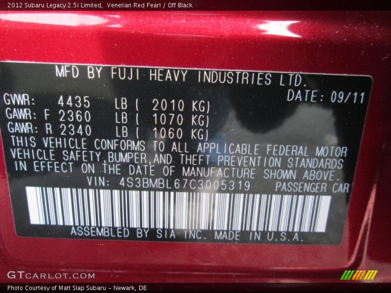 Venetian Red Pearl / Off Black 2012 Subaru Legacy 2.5i Limited
