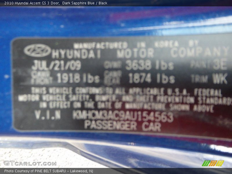 Dark Sapphire Blue / Black 2010 Hyundai Accent GS 3 Door