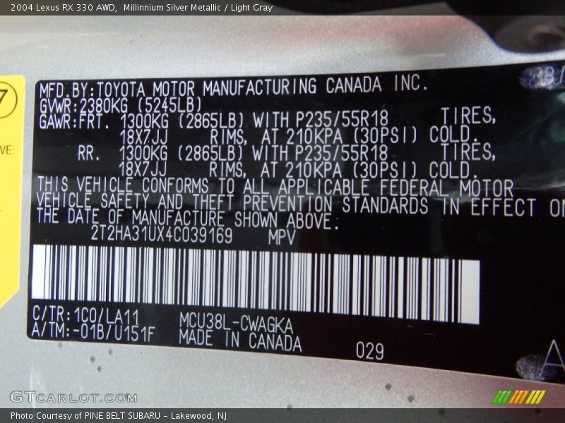Millinnium Silver Metallic / Light Gray 2004 Lexus RX 330 AWD