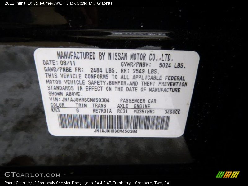 2012 EX 35 Journey AWD Black Obsidian Color Code KH3