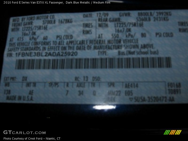 Dark Blue Metallic / Medium Flint 2010 Ford E Series Van E350 XL Passenger