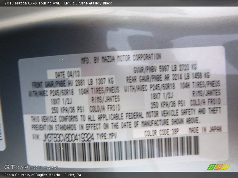 Liquid Silver Metallic / Black 2013 Mazda CX-9 Touring AWD