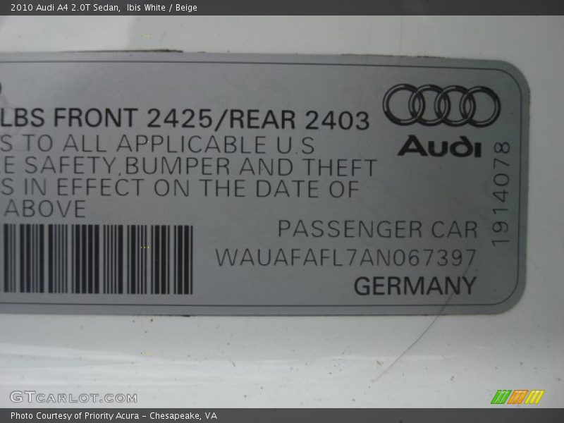 Ibis White / Beige 2010 Audi A4 2.0T Sedan