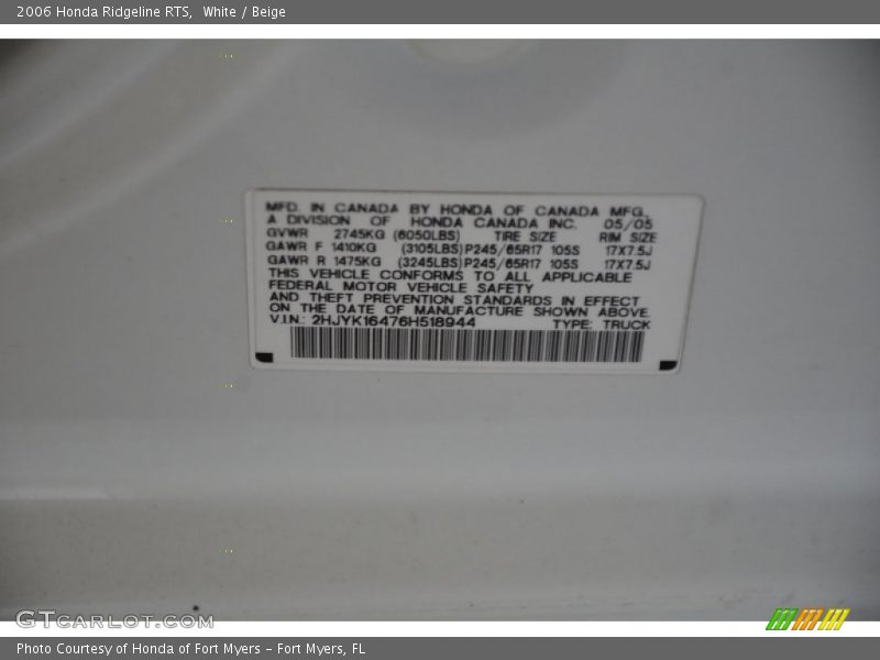 White / Beige 2006 Honda Ridgeline RTS