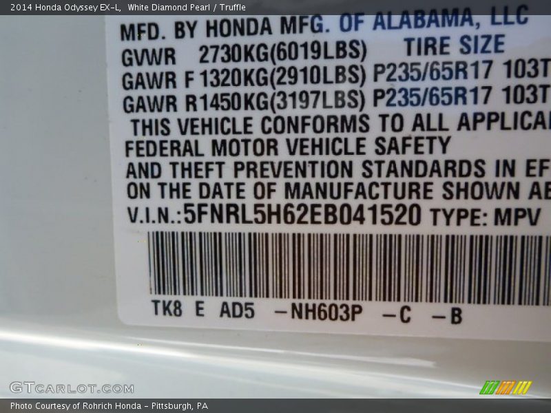 White Diamond Pearl / Truffle 2014 Honda Odyssey EX-L
