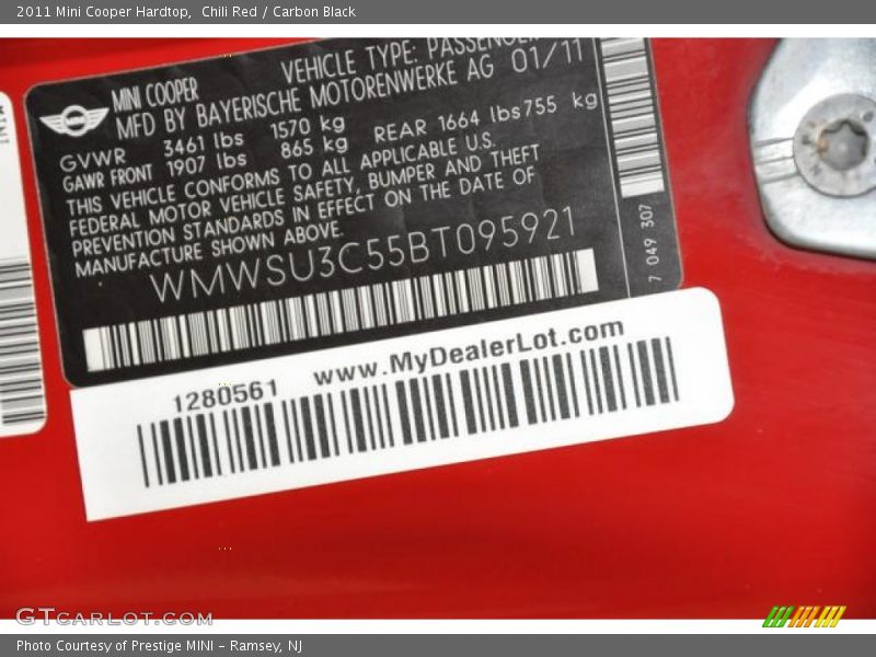 Chili Red / Carbon Black 2011 Mini Cooper Hardtop