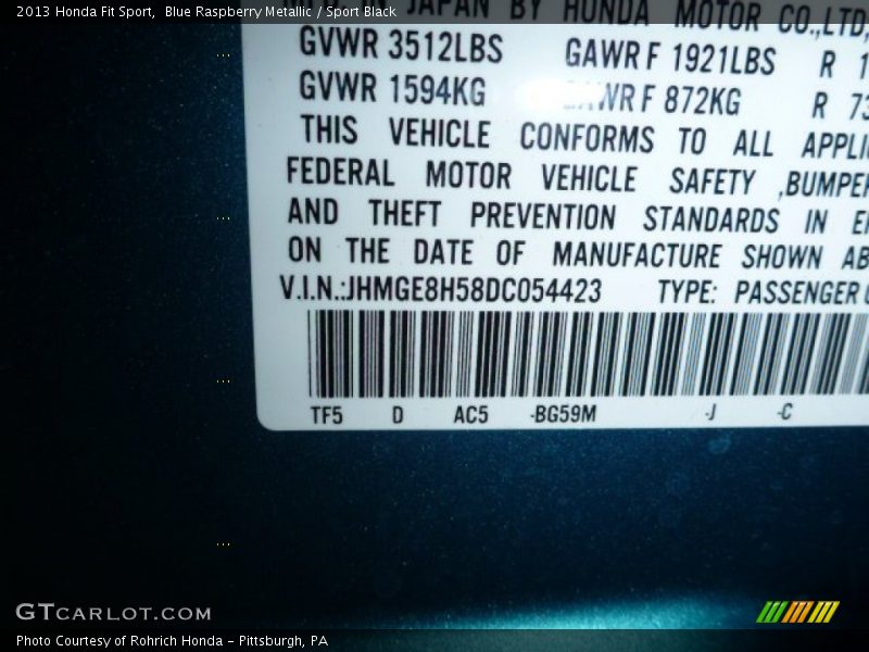 Blue Raspberry Metallic / Sport Black 2013 Honda Fit Sport