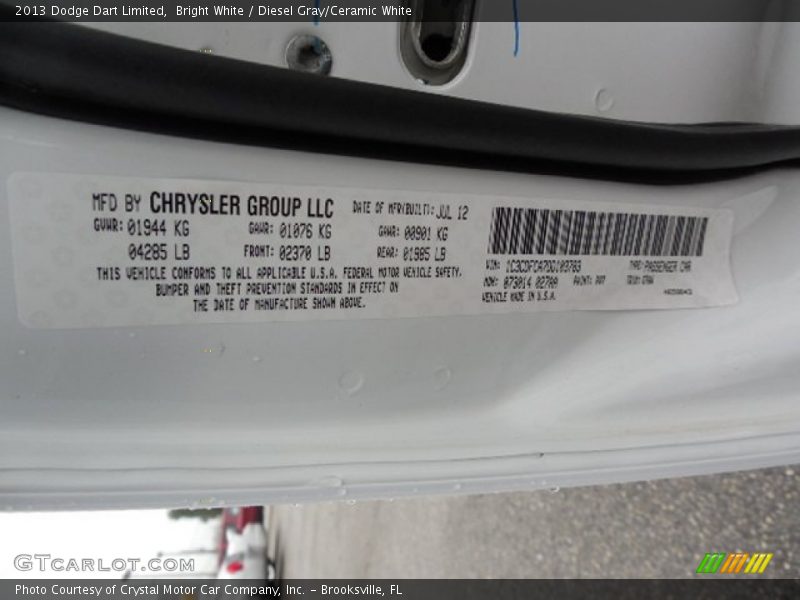 Bright White / Diesel Gray/Ceramic White 2013 Dodge Dart Limited