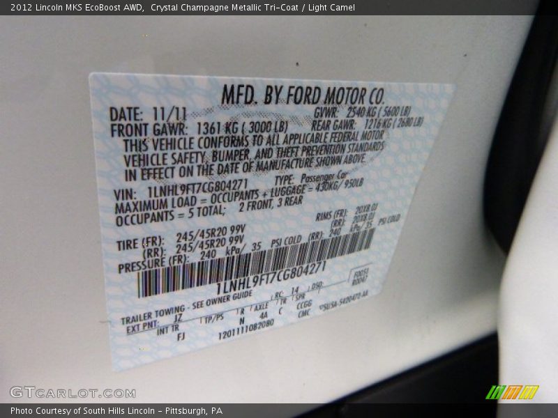 Crystal Champagne Metallic Tri-Coat / Light Camel 2012 Lincoln MKS EcoBoost AWD