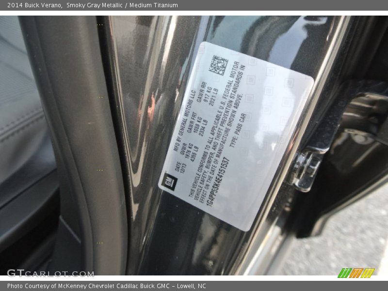 Smoky Gray Metallic / Medium Titanium 2014 Buick Verano