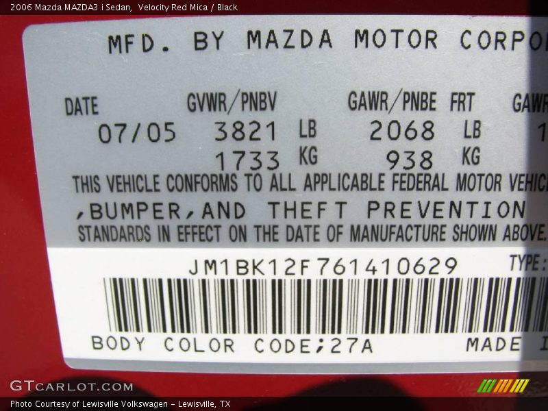 Velocity Red Mica / Black 2006 Mazda MAZDA3 i Sedan